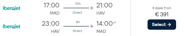 Direct flights from Madrid to Havana